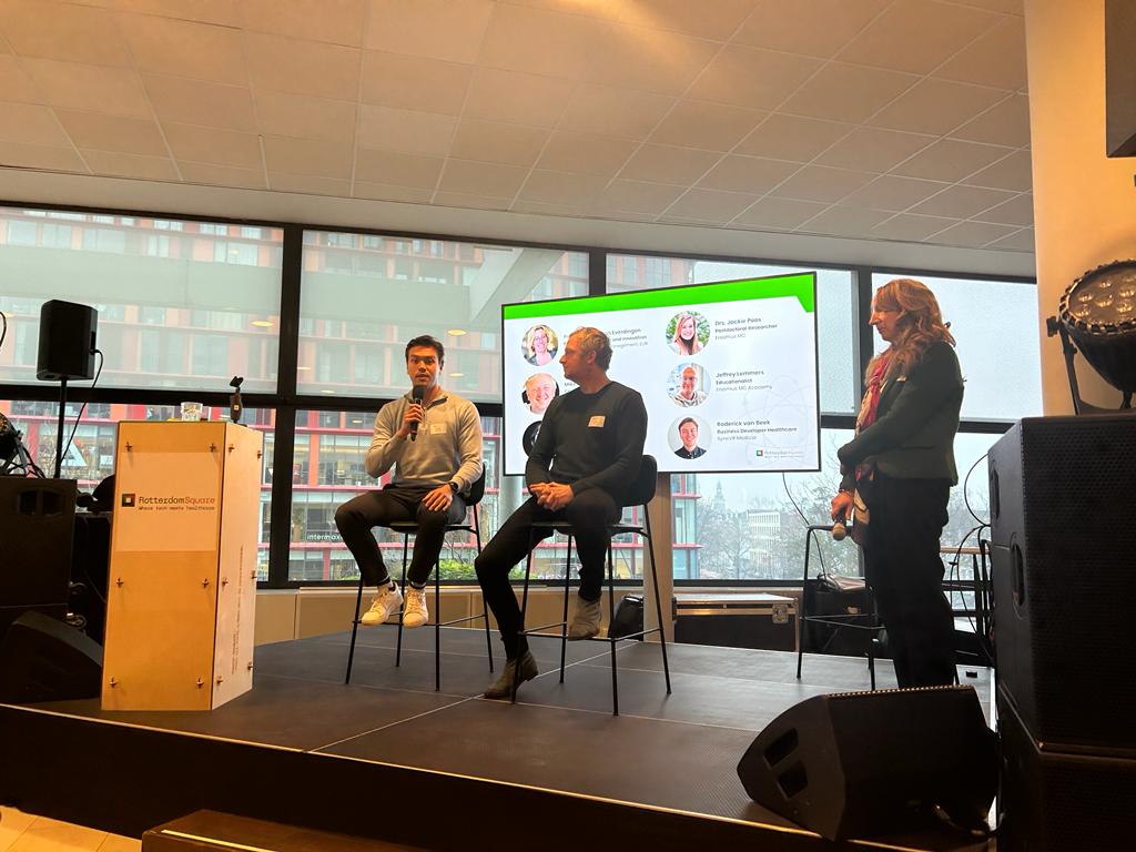 Roderick van Beek from SyncVR Medical and Mike de Boer from MedicalVR on stage being interviewed